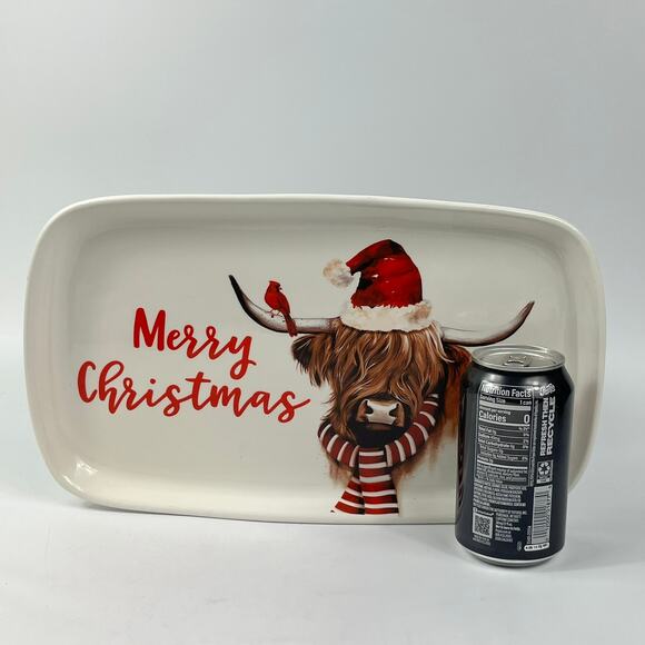 Robert Stanley Christmas Platter Highland Cow Santa Hat Cardinal Red Scarf 14" - Picture 6 of 12